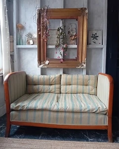 1930s Art Deco Pool House Day Bed Cotton Ticking Upholstered Hollywood Antique - Picture 1 of 15