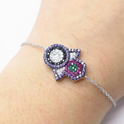 925 Sterling Silver Amethyst Melanite Gem Lab-Created Ruby Rolo Link Bracelet 6" - Image 1 of 4