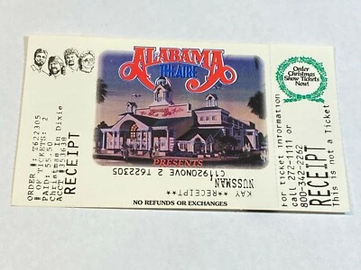 Винтажная старая квитанция о билете на концертное шоу Alabama Theatre Christmas in Dixie  - Изображение 1 из 2