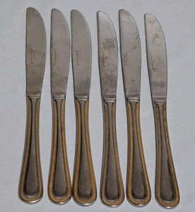 6 International Stainless Royal Bead Gold Accent Dinner Knives Flatware - Picture 1 of 17