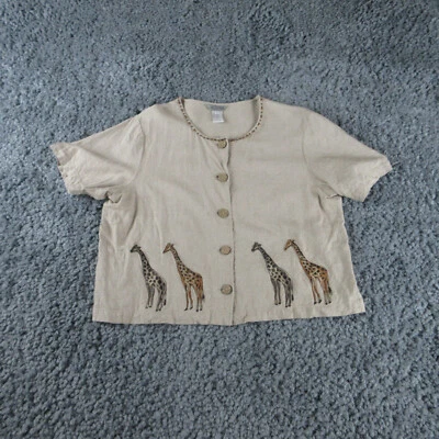 Camisa Stonebridge feminina grande bege mistura de linho girafa bordada com botão para cima - Imagem 1 de 4