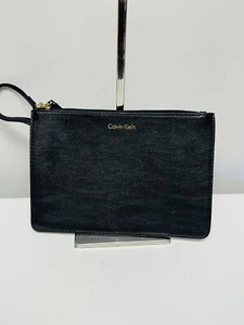 Calvin Klein Pouch Black Leather Silver Hardware Purse Bag Wristlet Travel Fun - Picture 1 of 3