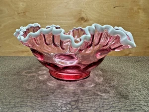 Fenton Pink & White Ruffled Glass Bowl With Thumbprint Design - Picture 1 of 7