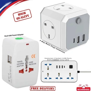 Verlängerungskabel mit 2 USB Kabel Elektrostecker Buchse UK Netz Strom 4 Gang - Bild 1 von 22