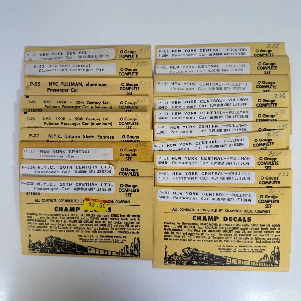 Champ Decals O New York Central NYC Passenger Car Dulux Gold Pullman Lot of 19 - Image 1 of 1