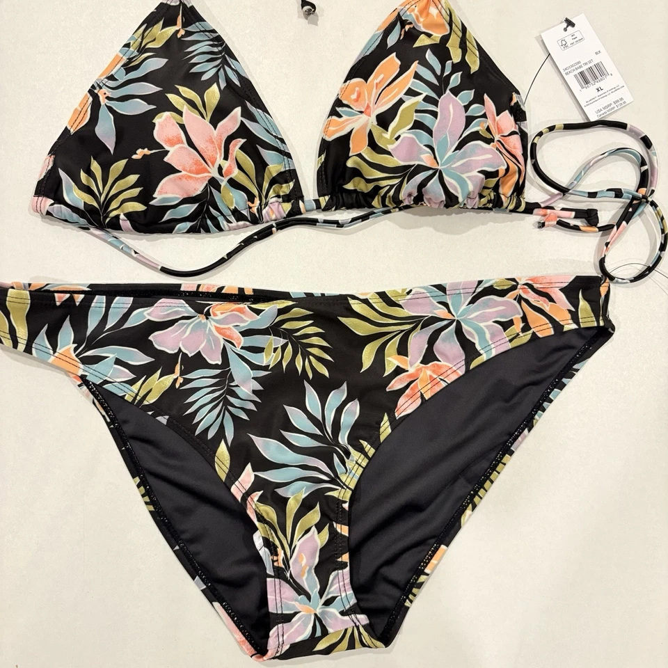 NUEVO CON ETIQUETAS BILLABONG BEACH BABE TRI BIKINI CONJUNTO NEGRO FLORAL SUPERIOR E INFERIOR TALLA XL Foto 1 de 4