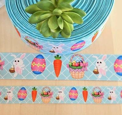 7/8 y 1.5" (1 YD) Conejo de Pascua Cinta de grosgrain Cesta de Pascua Zanahorias Huevo de Pascua Foto 1 de 2