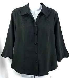 Covington Top Blouse M Black Embroidered Scalloped Flare 3/4 Sleeve Button Up - Picture 1 of 6