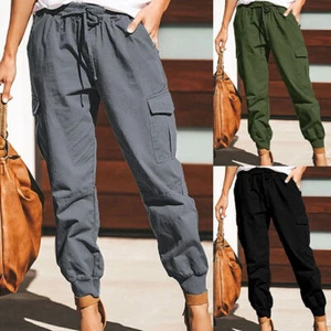 Womens Cargo Combat Pants Work Trousers High Waist Joggers Pants Stretch Bottoms - Picture 1 of 16