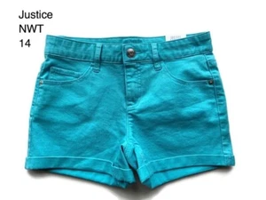 Justice Girls Dyed Denim Shorts Size 14 Teal Stretch Cuffed Camp School Kidcore - Picture 1 of 10