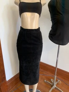 Vtg 80s Black Leather Suede MIDI Maxi Skirt 26” Wst Sz 6 - Picture 1 of 8