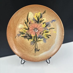 Handbemalter Keramik Teller rosa Blume/Blumen Terrakotta, signiert Wohndeko MCM - Bild 1 von 17