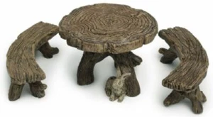 Miniature Log Table and Benches, Fairy Garden Rustic Table with Curved Benches - Picture 1 of 1