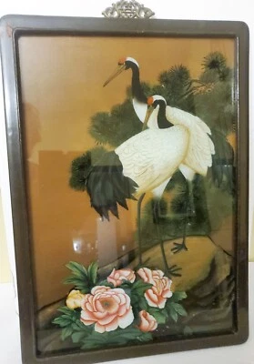 ANTIQUE CHINESE FLORAL RED CROWNED CRANES OIL PAINTING - Image 1 of 4