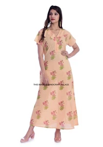 Indian Cotton Women Orange Floral Print Nighty Summer Night Dress Sleepwear Long - Picture 1 of 5
