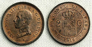 Alfonso XIII 2 Cents 1812*12 Madrid UNC / S/C Color And Shine Original - Picture 1 of 1
