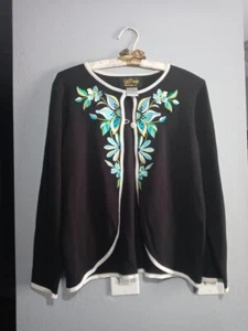 Bob Mackie Wearable Art Wm XS Sweater Black 2 Button Closure Embroidered Flowers - Picture 1 of 7