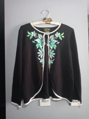 Suéter Bob Mackie Usable Art Wm XS Negro Cierre de 2 Botones Bordado Flores Foto 1 de 4