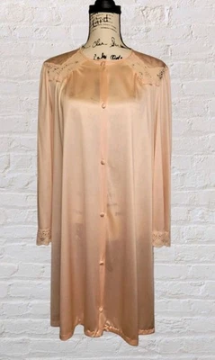 Vtg 80s Vanity Fair Peach Nylon Robe Peignoir MED Button Front Boudoir Glam - Image 1 of 4