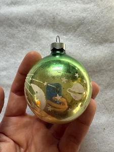 Vintage Shiny Brite Gold & Green Ombre Shooting Stars/Moon/Saturn Ornament - Picture 1 of 7