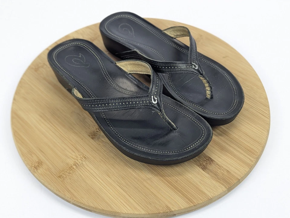 Olukai Sandals Ola Womans 7 Wedge Leather Black Logo Slip On Beach Outdoor Arch - Image 1 of 4