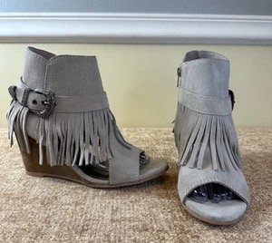 NWT Naughty Monkey Fringe Open Toe Booties Western Gray Buckle Wedges READ - Picture 1 of 15
