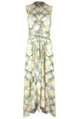 VESTIDO ALEXIS BIASCA ABSTRACTO ESTAMPADO LINEAL ASIMÉTRICO LAZO CINTURA TALLAS Foto 1 de 4