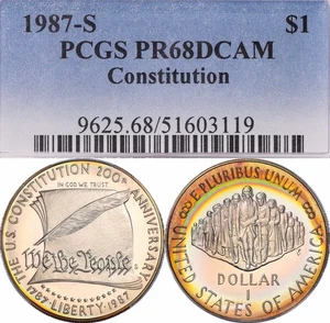 PR68DCAM 1987-S Constitution Silver Proof Dollar, PCGS Trueview- Rainbow Toned - Picture 1 of 10
