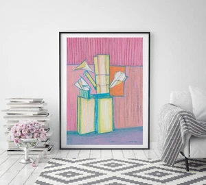 Original oil pastel drawing Still Life with Paper Planes home decor contemporary - Picture 1 of 4