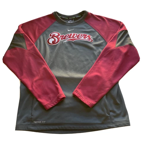 Men's Nike Therma-Fit BSBL MLB Milwaukee Brewers Gray Crew Neck Sweatshirt Large Cover