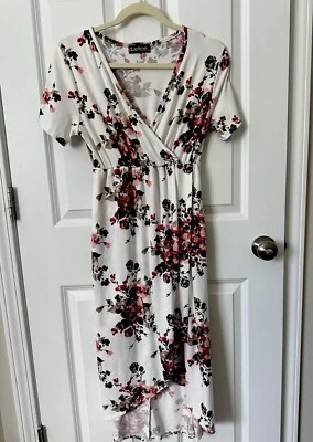 Duetime Maternity Dress Women’s Size M Off White  Floral Midi Short Sleeves - Image 1 of 4