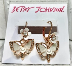 Betsey Johnson Butterfly With Flower Rose Gold Leverback Small Drop Earrings NWT - Picture 1 of 4