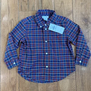 NWT Boys Ralph Lauren Navy Blue Red Plaid Button Shirt 24M $40 - Picture 1 of 8