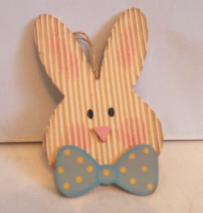 Easter Wood Bunny Rabbit Ornament Decorative Blue Bow Spring Decor - Picture 1 of 1