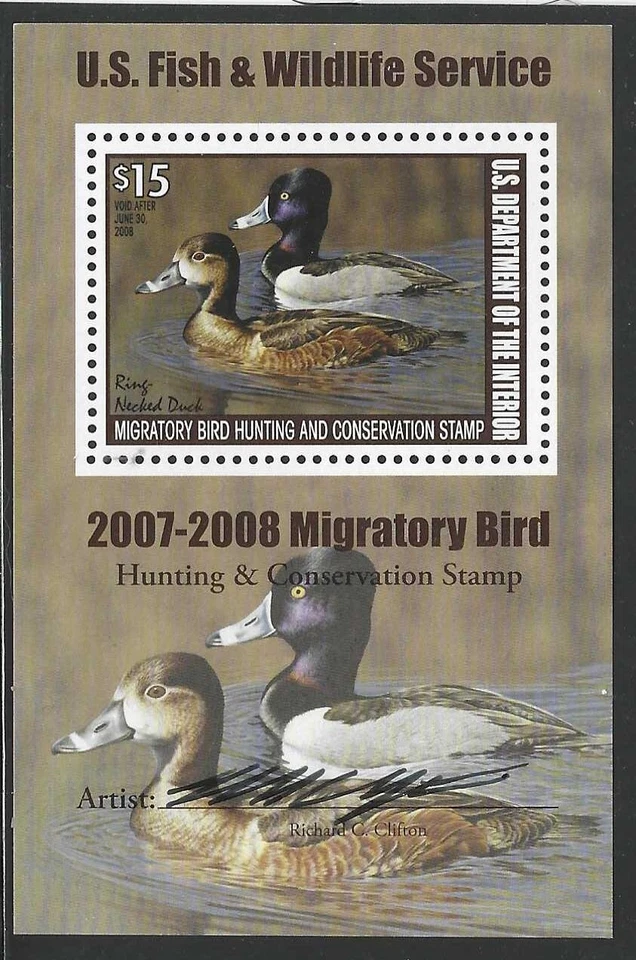 US 2007 DUCK HUNTING $15 SOUVENIR SHEET SCOTT # RW74B SIGNED BY THE ARTIST NH VF - Image 1 of 1