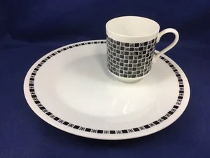 Jonas Roberts Polka Black White Check Coffee Mug Tea Cup & Plate Vintage Modern - Picture 1 of 12