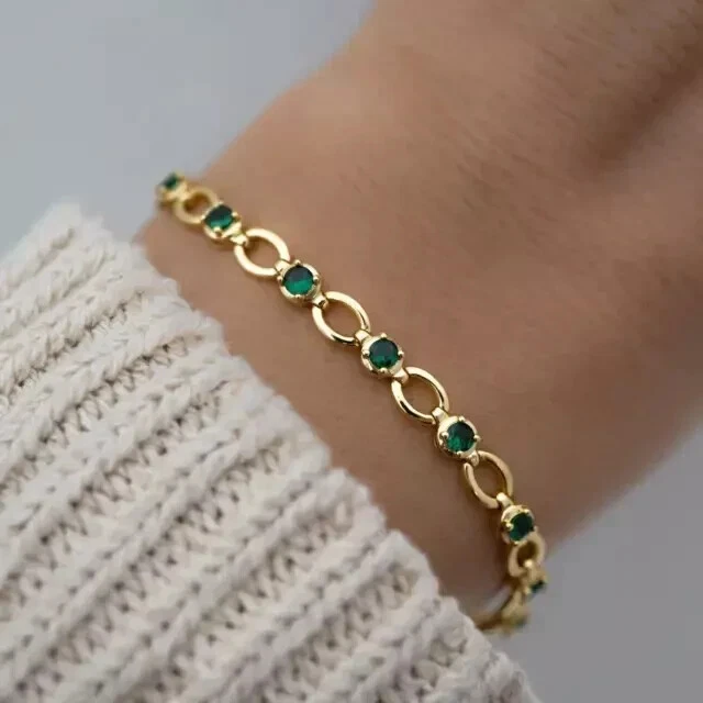 Brazalete tenis mujer corte redondo simulado verde esmeralda chapado en oro amarillo 14K Foto 1 de 4