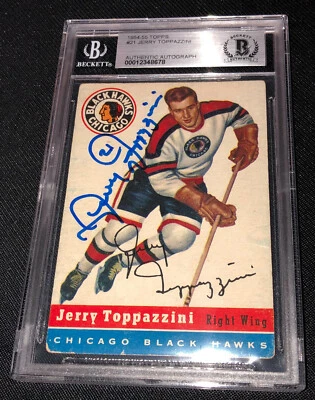 JERRY TOPPAZZINI SIGNED 1954-55 TOPPS BLACKHAWKS CARD BECKETT AUTO GRADE 10 - Image 1 of 2