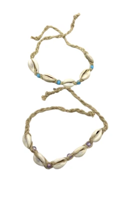 Pulsera Cowrie Shell Surfer Boho Seashell Puka Bohemia Tobillera Cáñamo Lote de 2 Foto 1 de 4