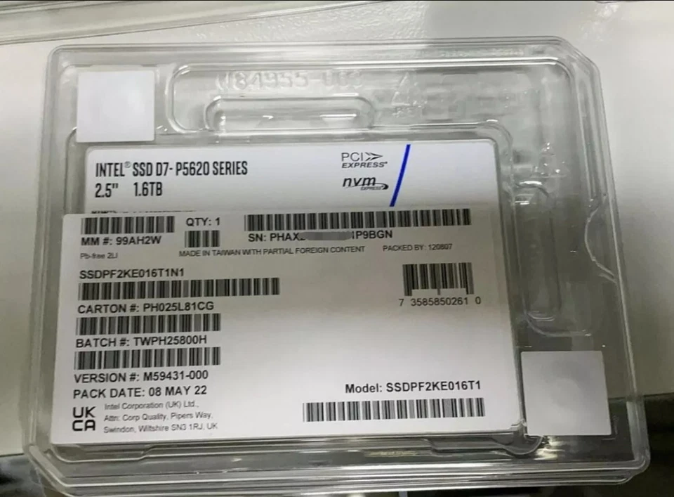 Intel D7 P5620 1.6TB SSD 2.5" U.2 NVMe PCIe Solid State Drives SSDPF2KE016T1 - Image 1 of 1