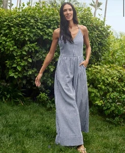 Splendid Gabrielle Jumpsuit Women’s Size Small Gingham Navy Blue - Picture 1 of 13