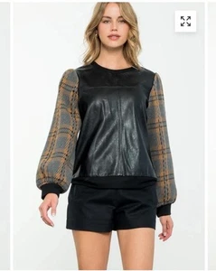 NWT THML Womens Black Faux Leather  Plaid Sleeves Top Womens Size Large - Picture 1 of 12