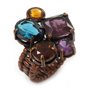 Multicoloured Glass Bead Cluster Flex Ring In Bronze Metal - 30mm Across - Size - Picture 1 of 6
