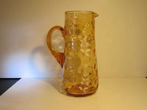 Antique Mouth Blown Amber Inverted Coin Spot With Hand Decorated Florals Pitcher - Picture 1 of 7