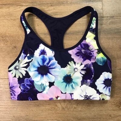Old Navy Sports Bra Size XS Floral Daisy Print Racerback Lined Comp Blue Purple - Image 1 of 4