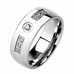 Six CZs Inlay with Center CZ None Tarnish Stainless Steel Mens Wedding Band Ring - Picture 1 of 1