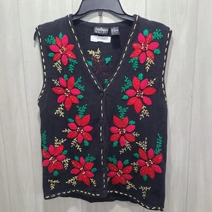Vintage Pullover Weste bestickt Blumen Knopfleiste Größe M Urlaub Oma Kern - Bild 1 von 7