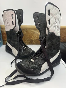 Vintage Puma Y2K Wrestling Boxing Boots Eskiva Black Silver Shiny Leather US5/37 - Picture 1 of 14