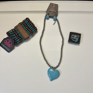 Paparazzi Jewelry Silver/Turquoise Brown Necklace & Bracelet Earrings And Ring