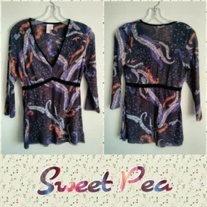 Sweet Pea Feather/Fern/Leaf Nature Print Empire Vintage Style Mesh Top M - Picture 1 of 3